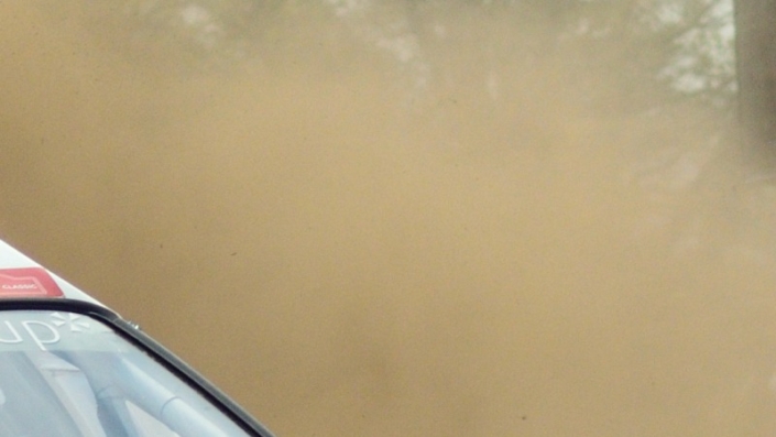 Eric v Loon-1×3 Rally car 705 Eric van Loon coming around the curve large cloud of dust kicked up behind him grid tile 3