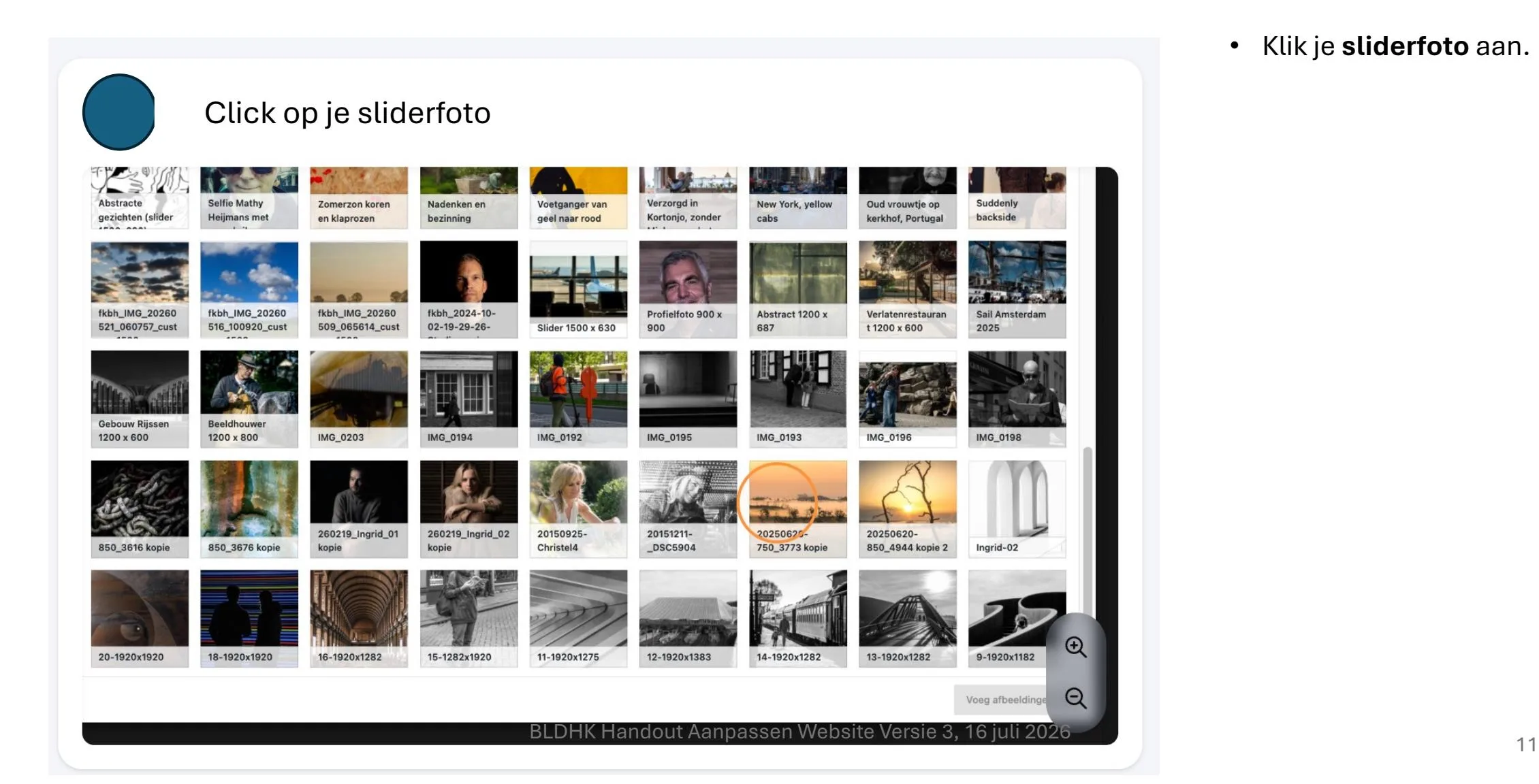 Mediabibliotheek met een sliderfoto geselecteerd