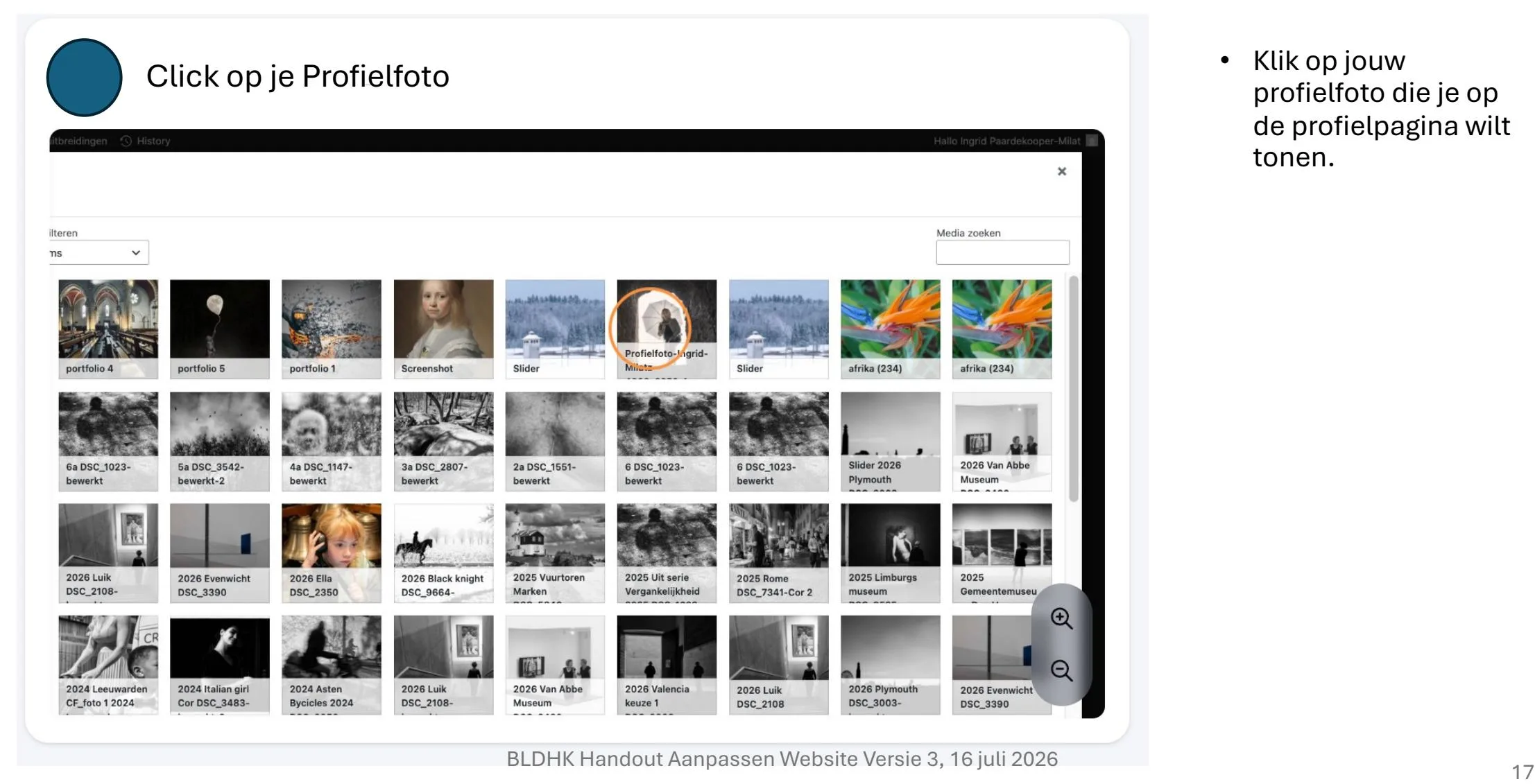 Mediabibliotheek met een profielfoto geselecteerd