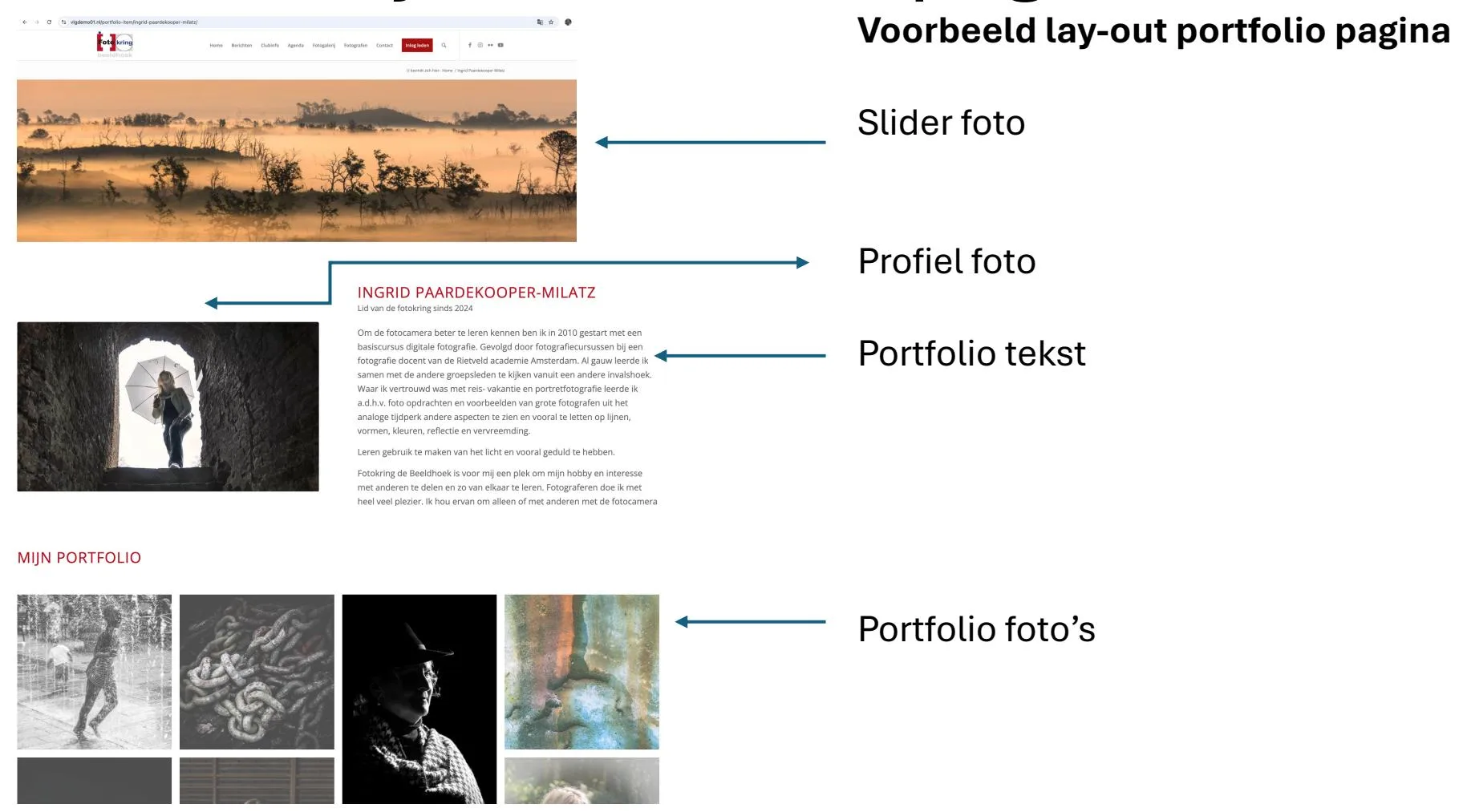 Voorbeeldindeling van een portfolio-pagina met sliderfoto, profielfoto, tekst en portfoliofoto's