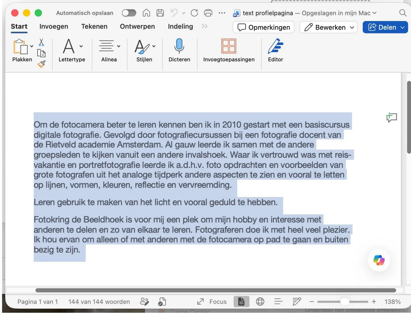 Word-document met geselecteerde profieltekst