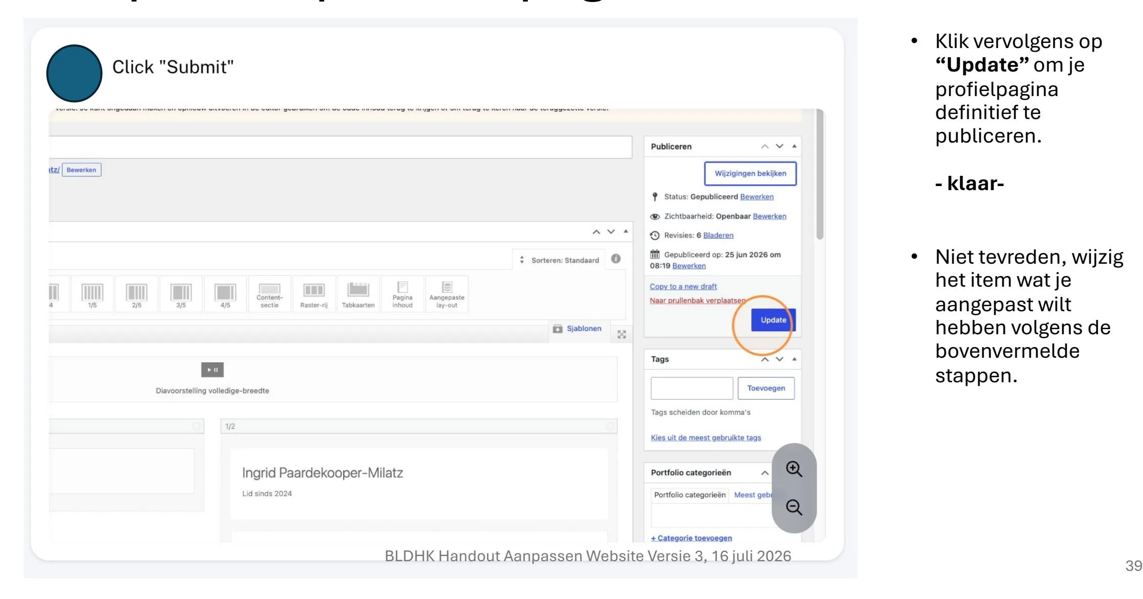 WordPress-editor met de knop Update gemarkeerd