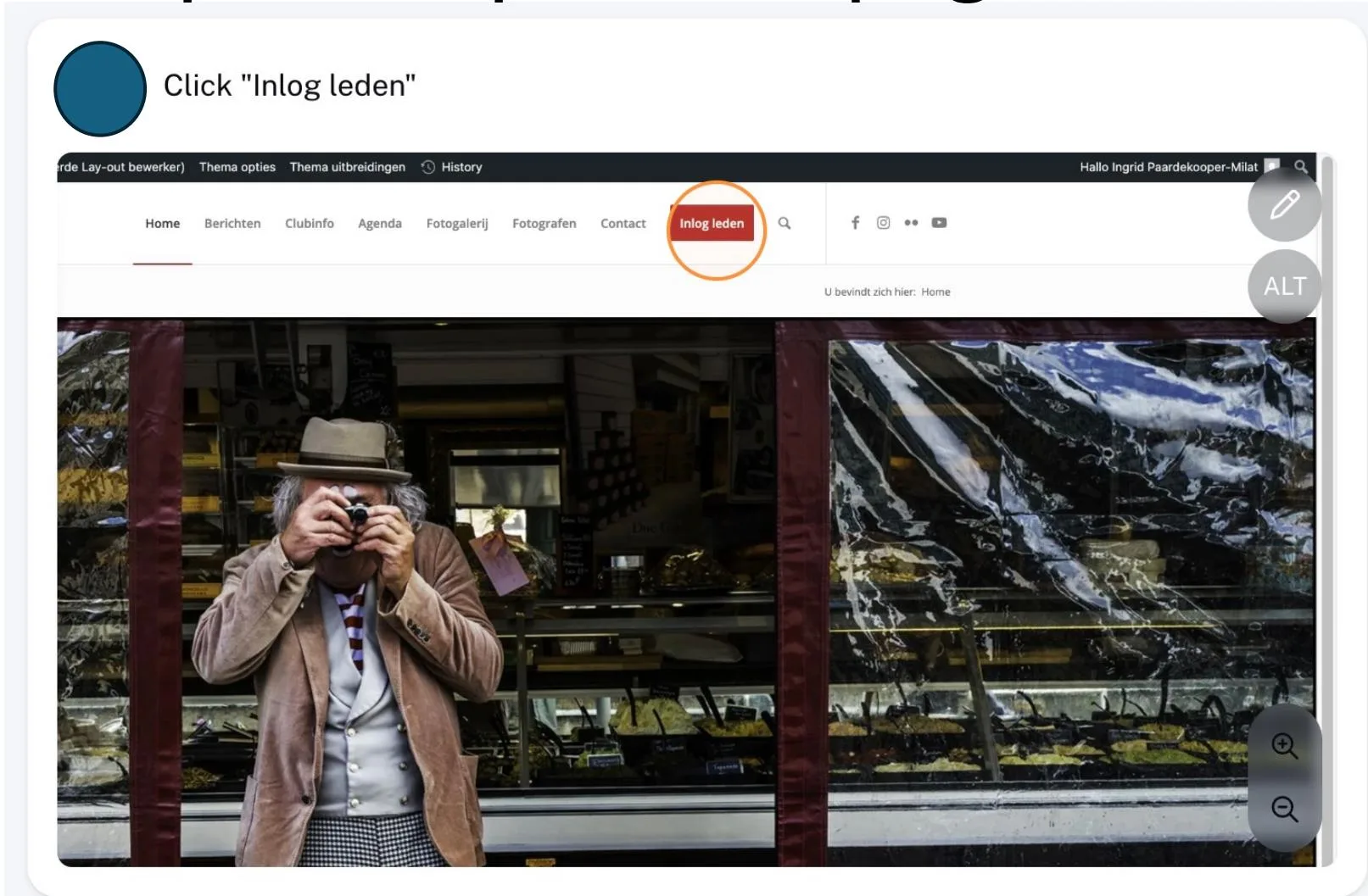 Website met de knop Inlog leden gemarkeerd
